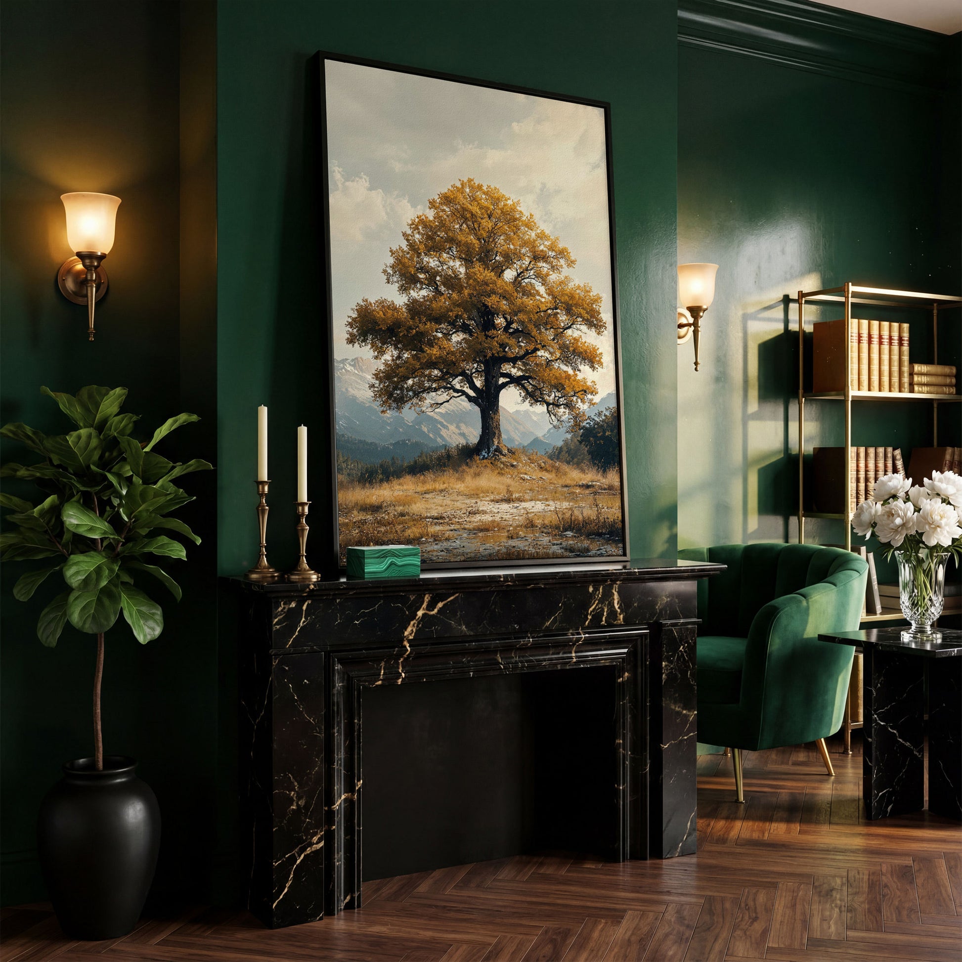 Autumn Tree and Mountain Landscape Canvas in black floating frame