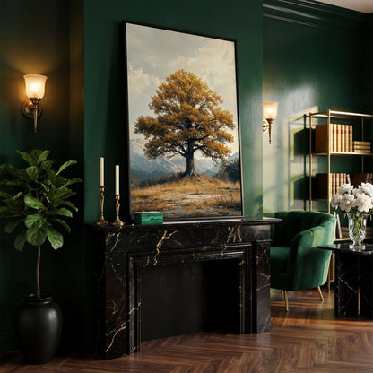 Autumn Tree and Mountain Landscape Canvas in black floating frame