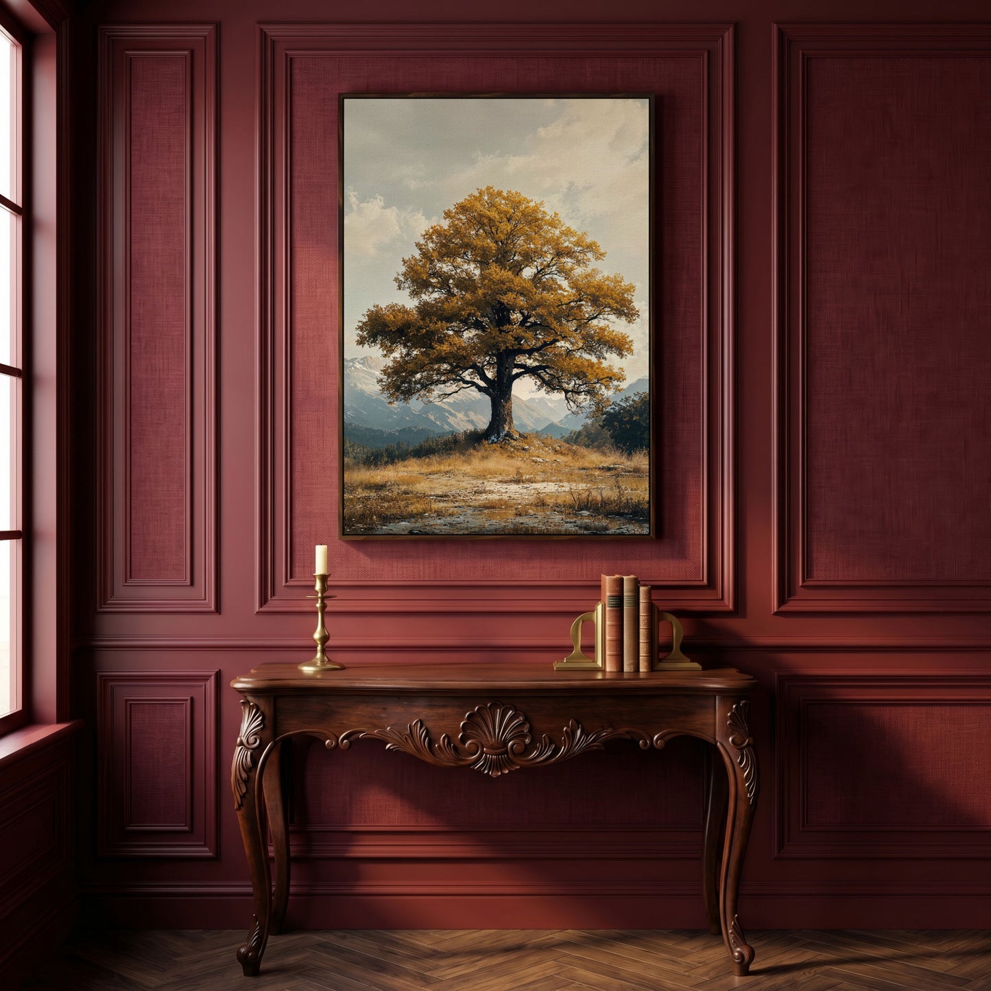 Autumn Tree and Mountain Landscape Canvas in dark walnut floating frame