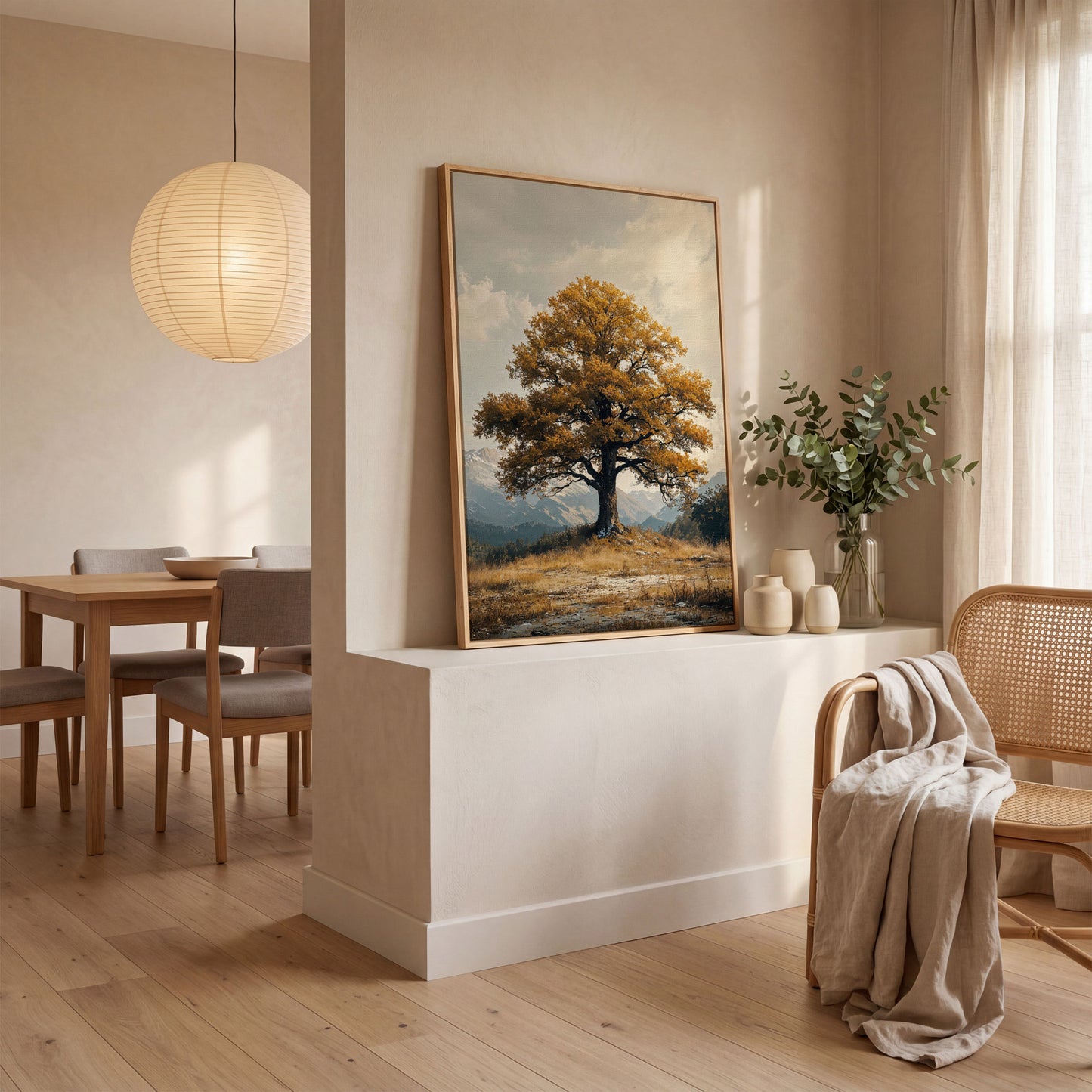 Autumn Tree and Mountain Landscape Canvas in white oak floating frame