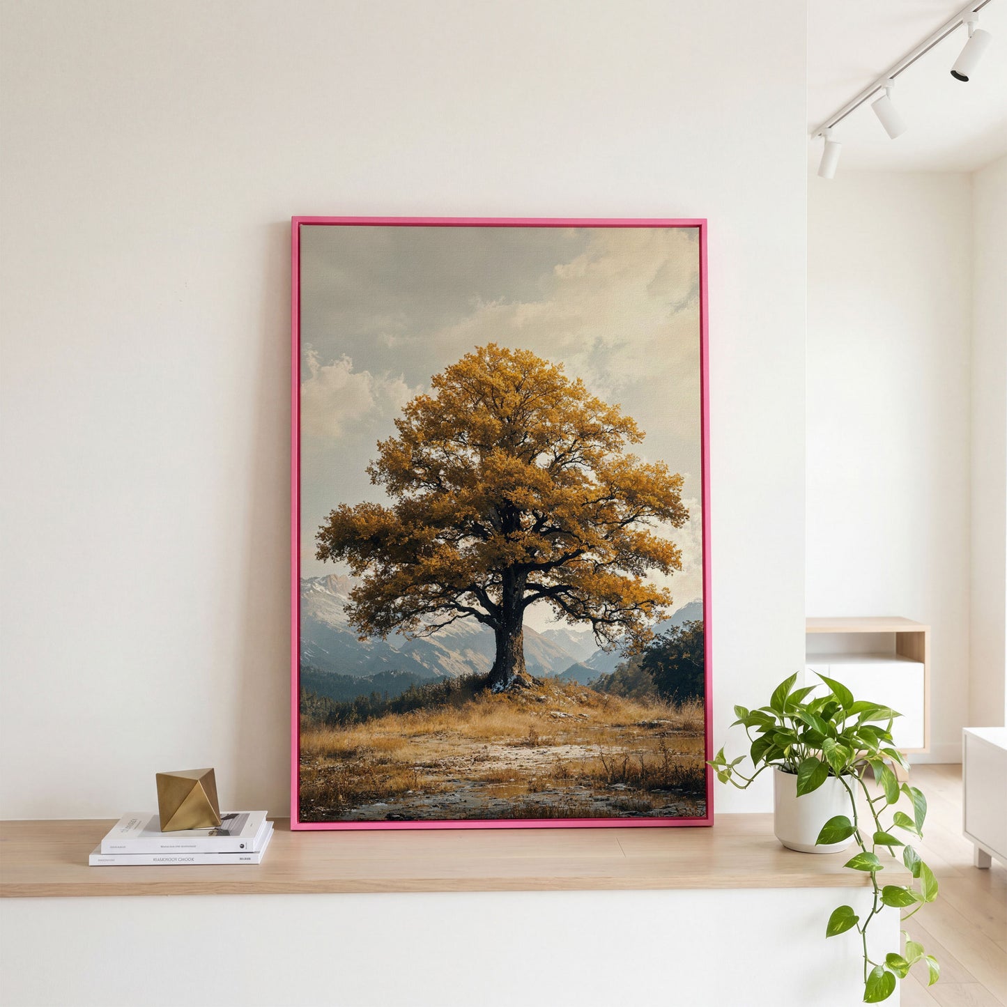 Autumn Tree and Mountain Landscape Canvas in pink floating frame