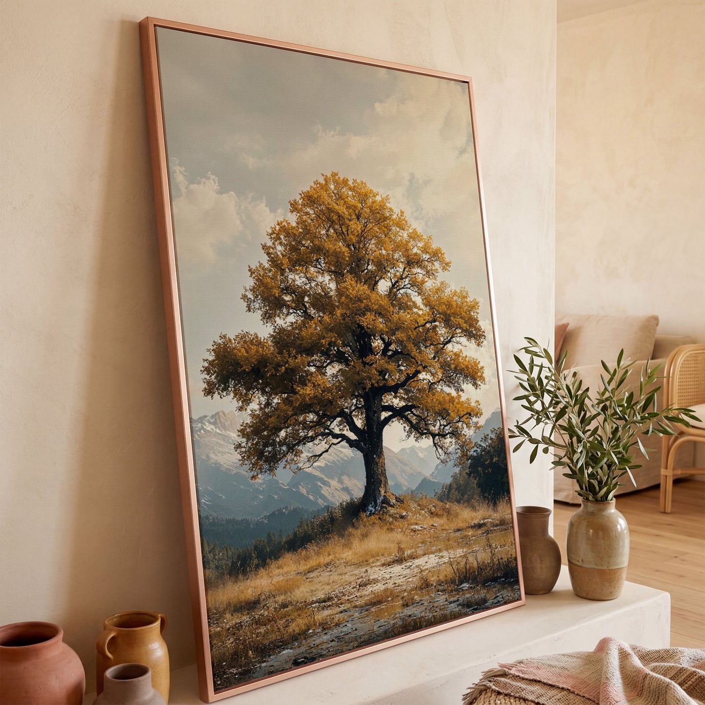 Autumn Tree and Mountain Landscape Canvas in rose gold floating frame