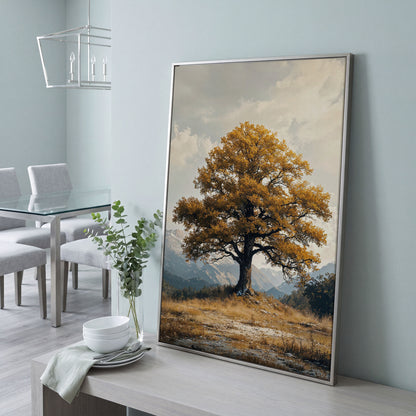 Autumn Tree and Mountain Landscape Canvas in silver floating frame