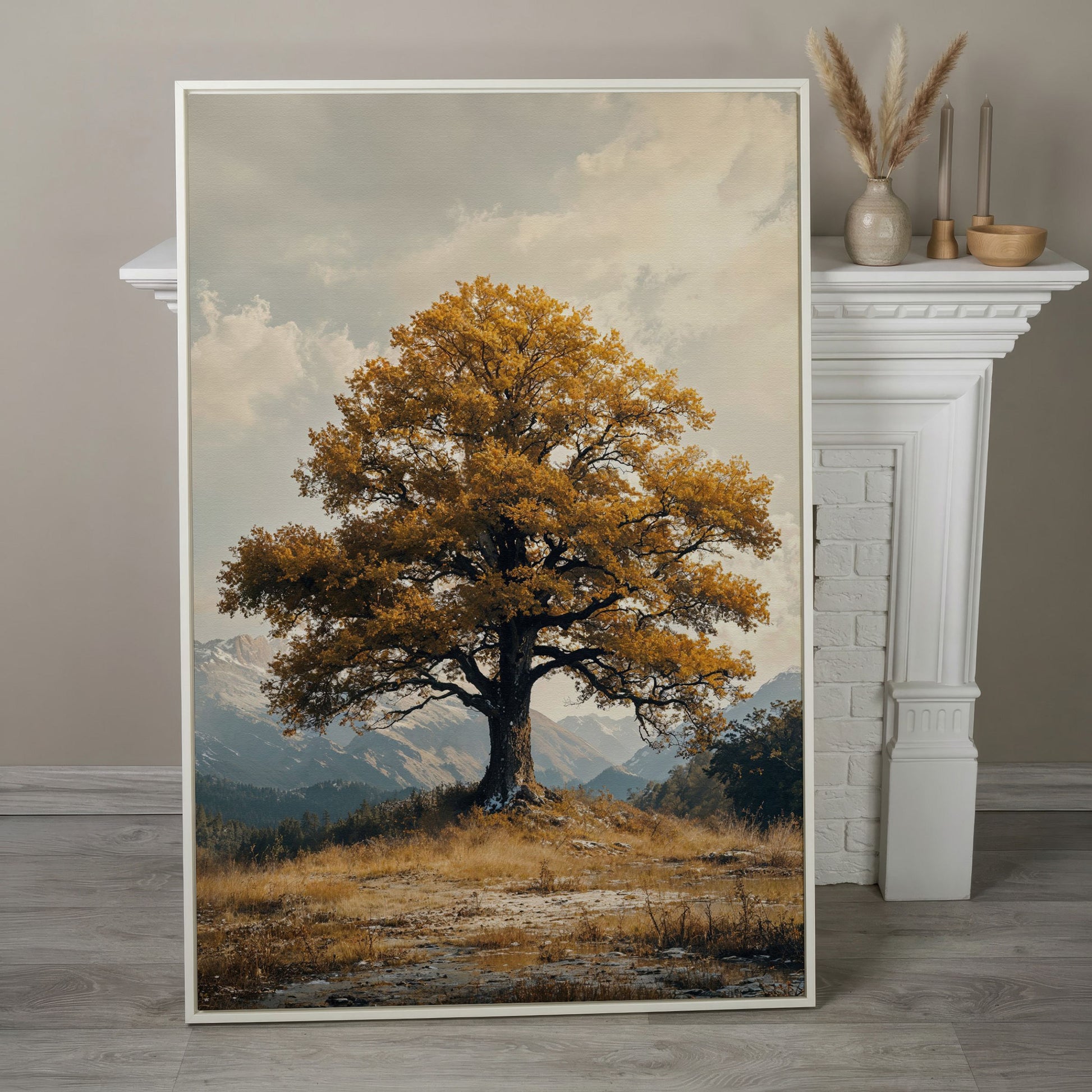 Autumn Tree and Mountain Landscape Canvas in white floating frame