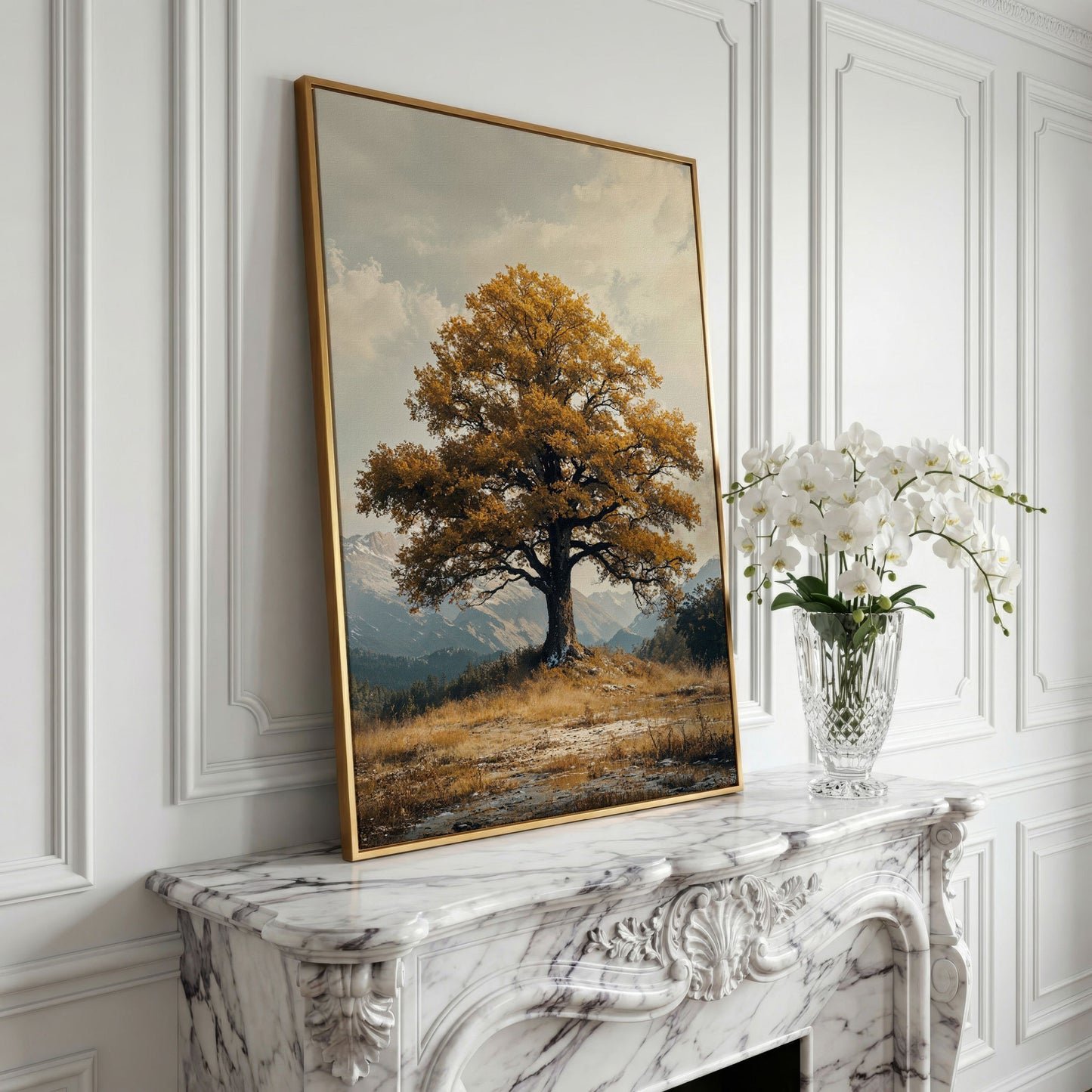 Autumn Tree and Mountain Landscape Canvas in yellow gold floating frame