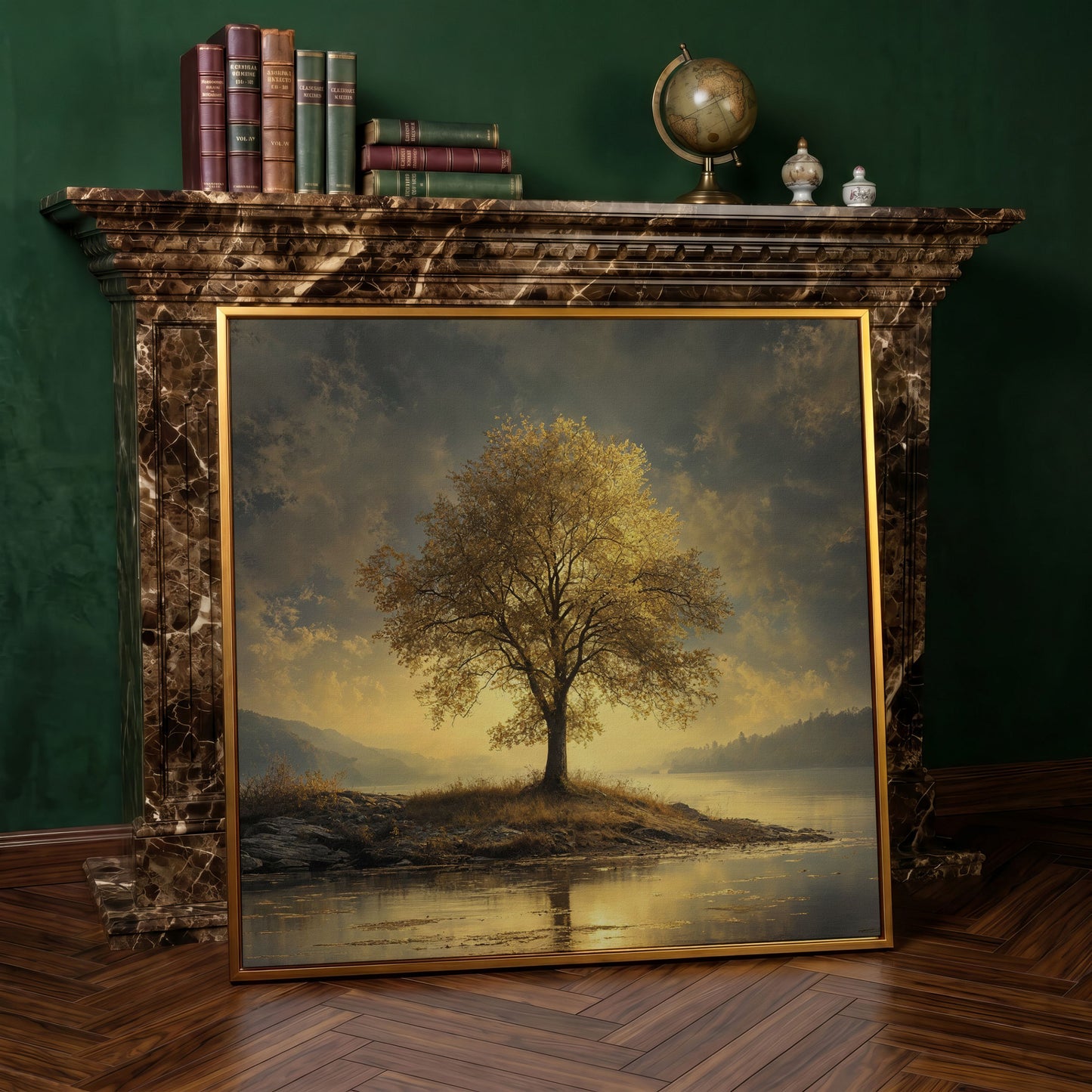 Golden Tree by Lake Square Canvas in antique gold floating frame