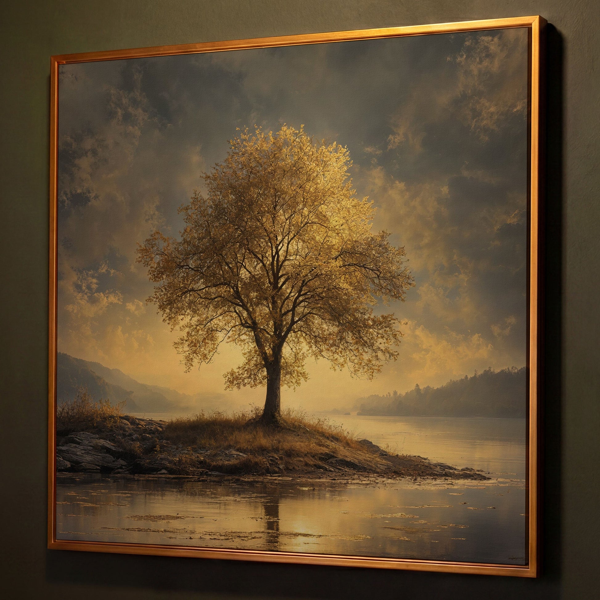 Golden Tree by Lake Square Canvas shown in antique gold floating frame