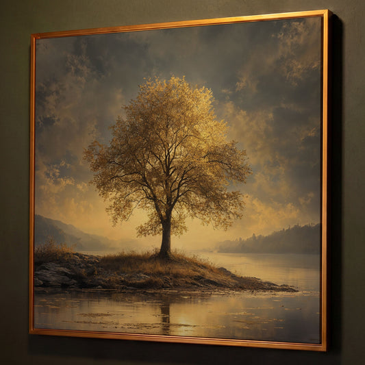 Golden Tree by Lake Square Canvas shown in antique gold floating frame