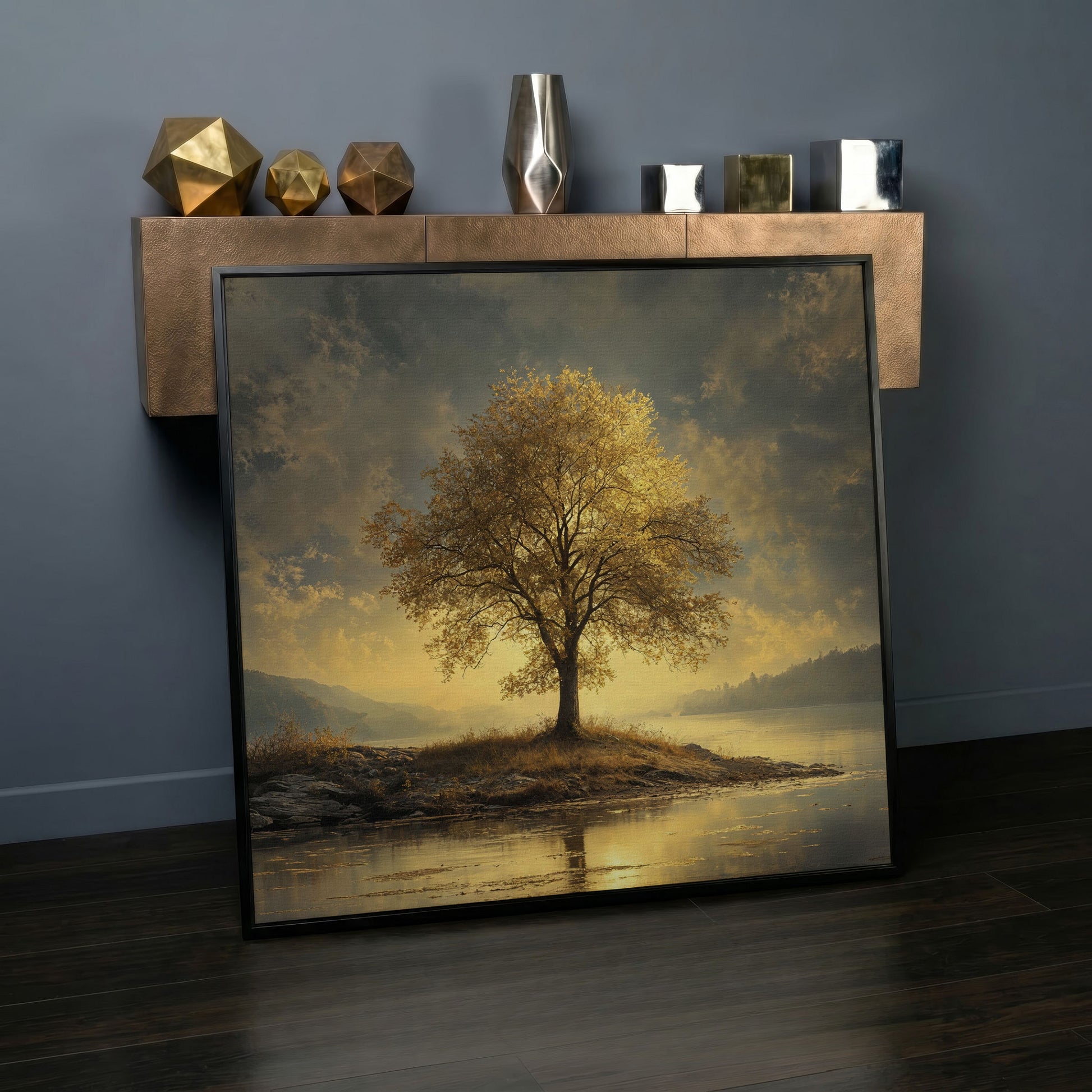 Golden Tree by Lake Square Canvas in black floating frame