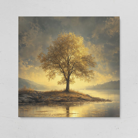 Golden Tree by Lake Square Canvas on gallery wrap