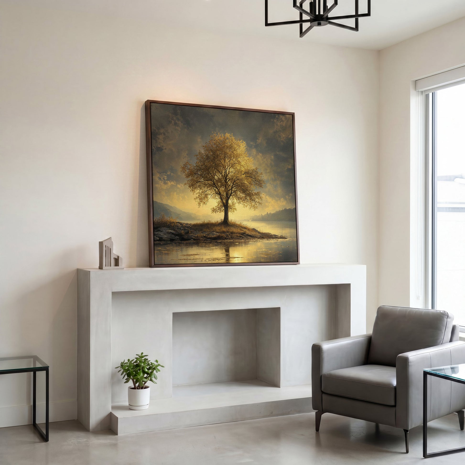 Golden Tree by Lake Square Canvas in dark walnut floating frame