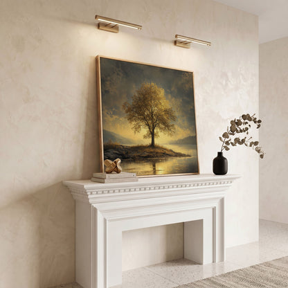 Golden Tree by Lake Square Canvas in white oak floating frame