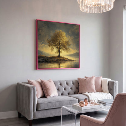Golden Tree by Lake Square Canvas in pink floating frame