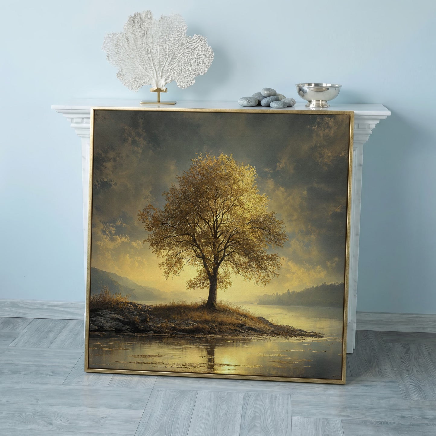 Golden Tree by Lake Square Canvas in rose gold floating frame