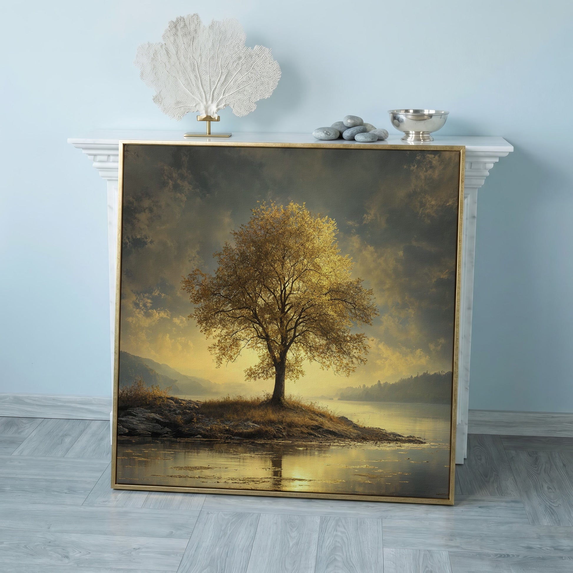 Golden Tree by Lake Square Canvas in rose gold floating frame