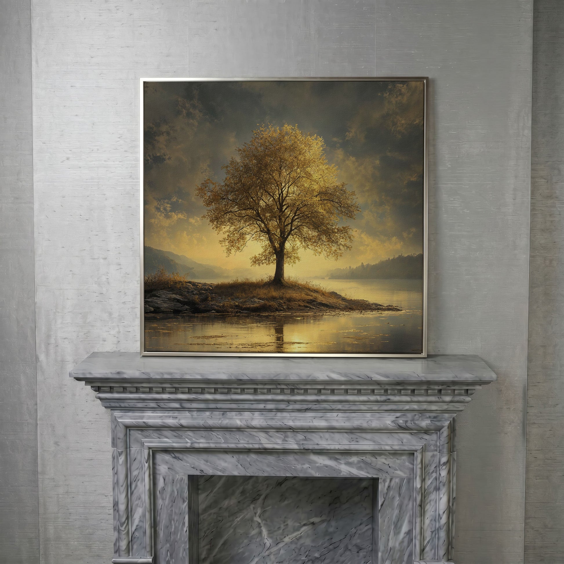 Golden Tree by Lake Square Canvas in silver floating frame