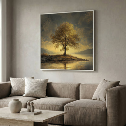 Golden Tree by Lake Square Canvas in white floating frame