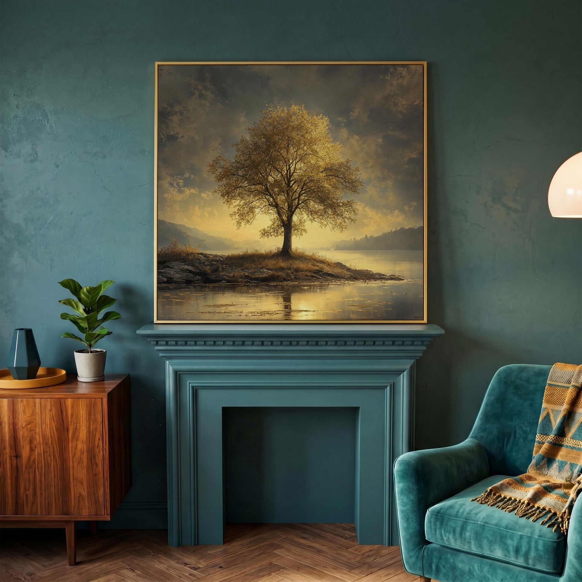 Golden Tree by Lake Square Canvas in yellow gold floating frame