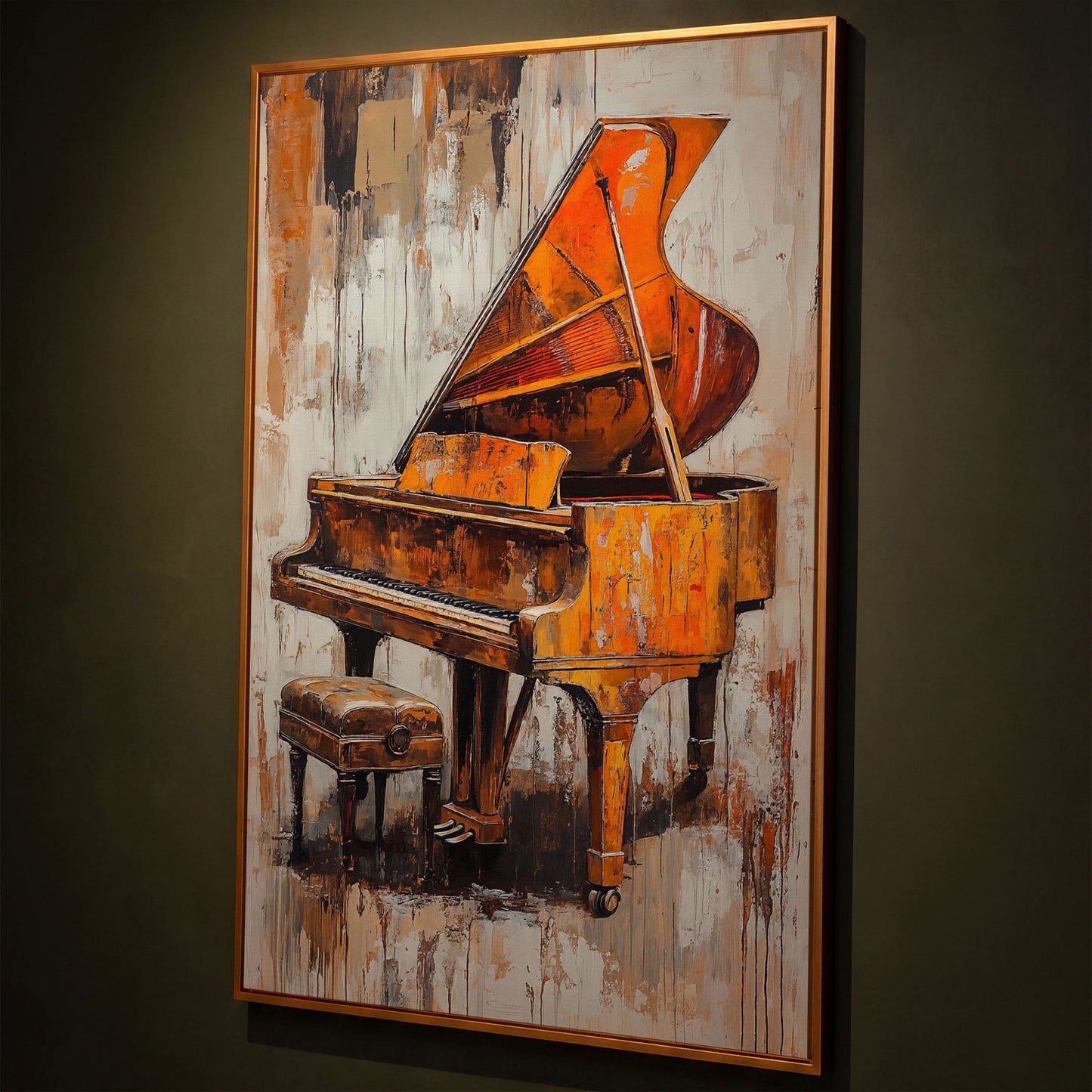 Vintage Piano Abstract Canvas Print shown in antique gold floating frame