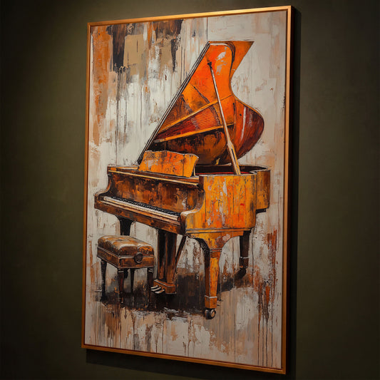 Vintage Piano Abstract Canvas Print shown in antique gold floating frame