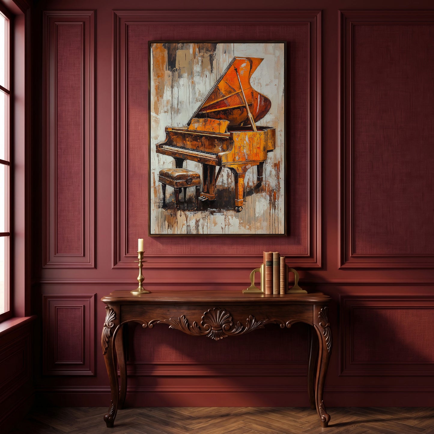 Vintage Piano Abstract Canvas Print in dark walnut floating frame
