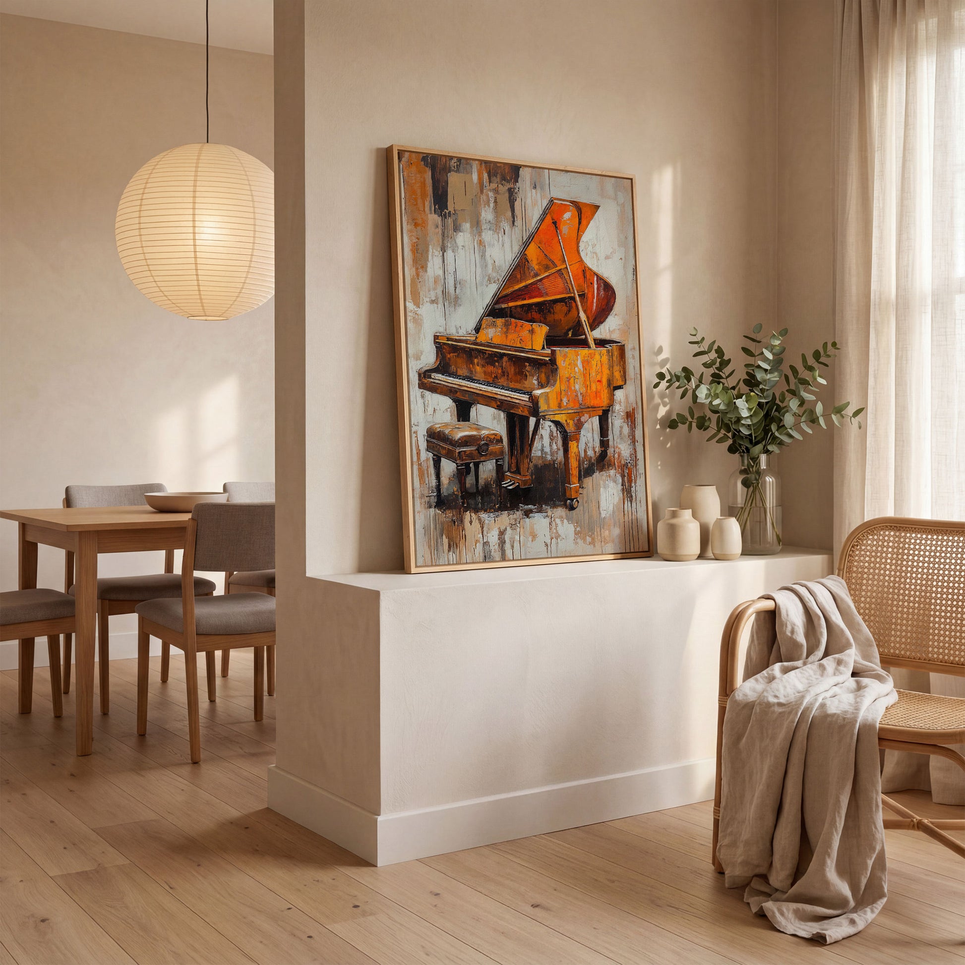 Vintage Piano Abstract Canvas Print in white oak floating frame