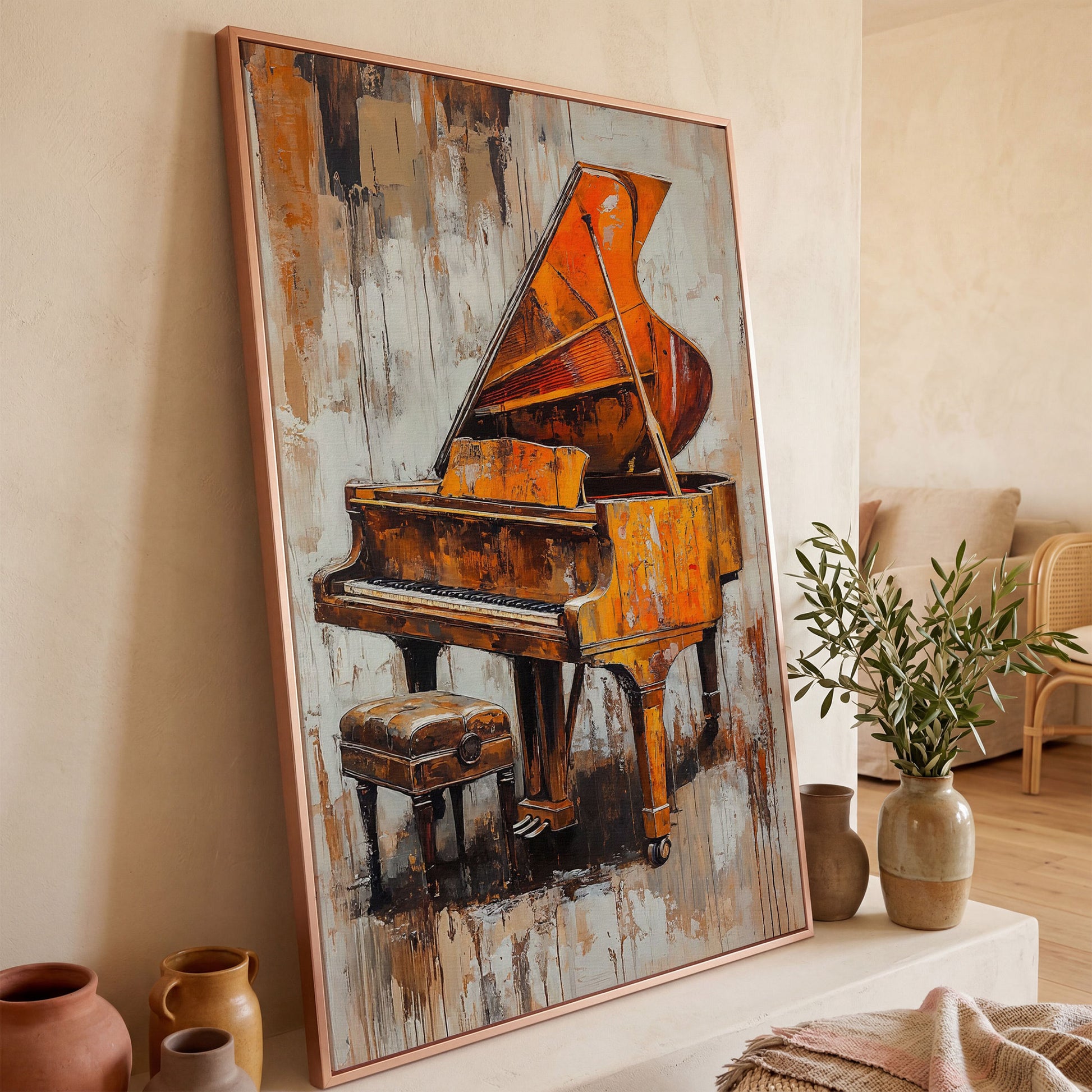 Vintage Piano Abstract Canvas Print in rose gold floating frame