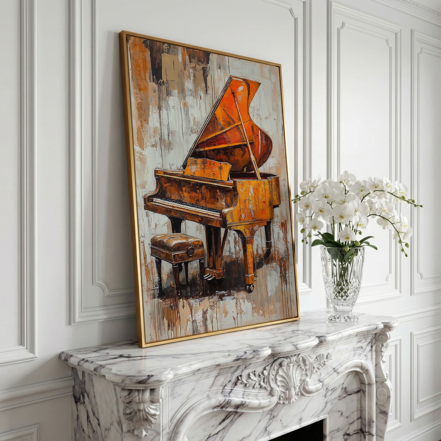Vintage Piano Abstract Canvas Print in yellow gold floating frame