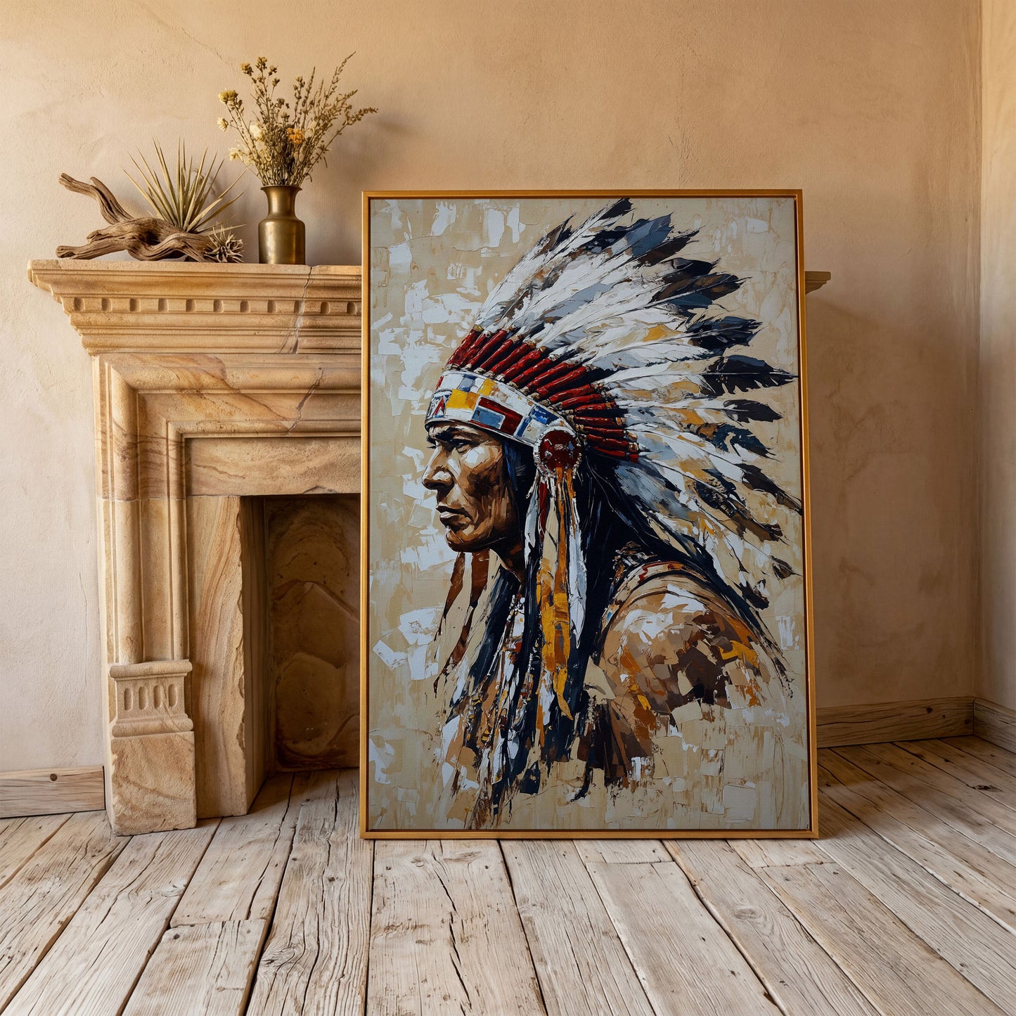 Native American Chief with Feather Headdress Canvas in antique gold floating frame