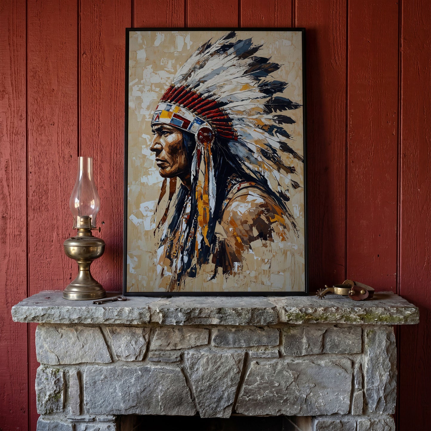 Native American Chief with Feather Headdress Canvas in black floating frame