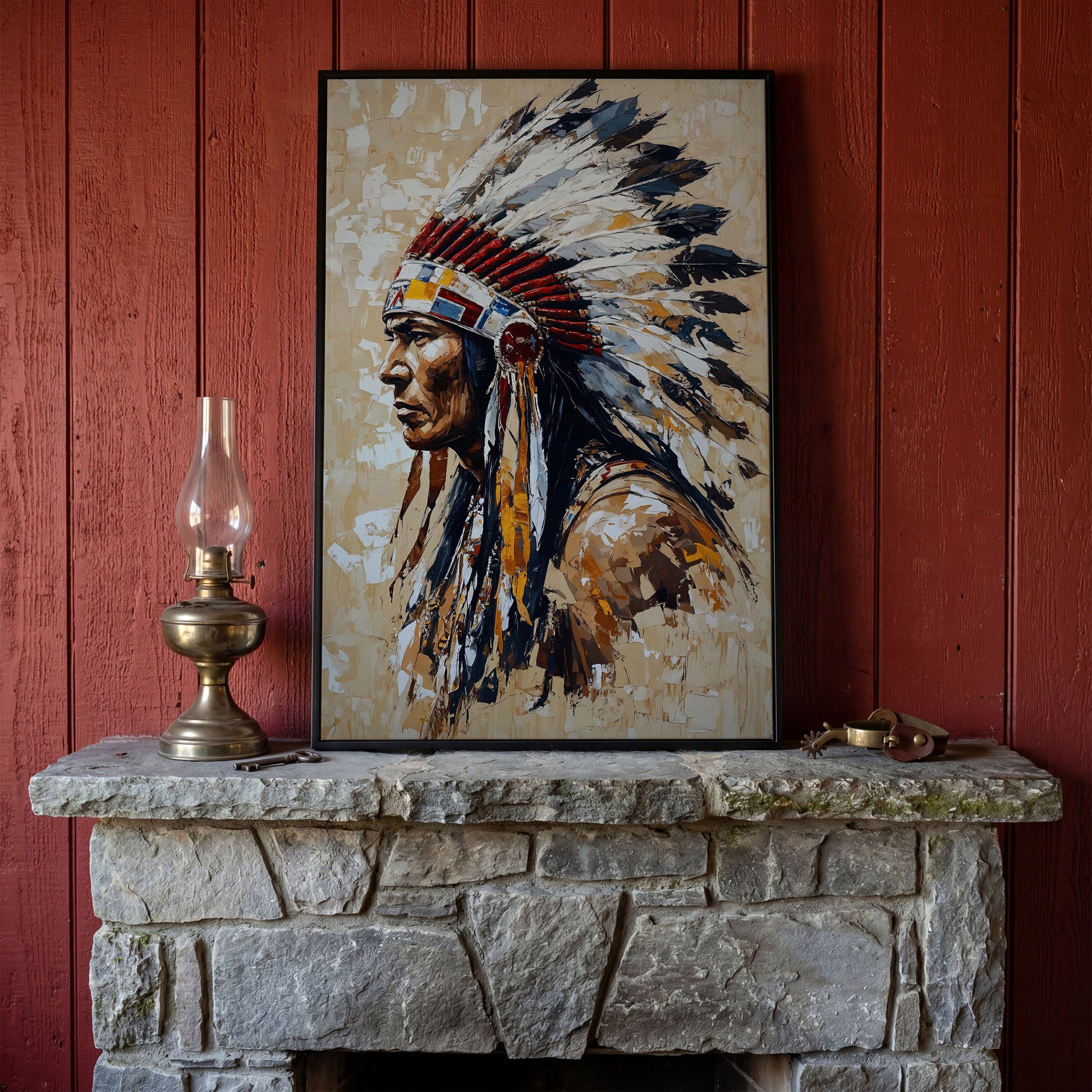 Native American Chief with Feather Headdress Canvas in black floating frame