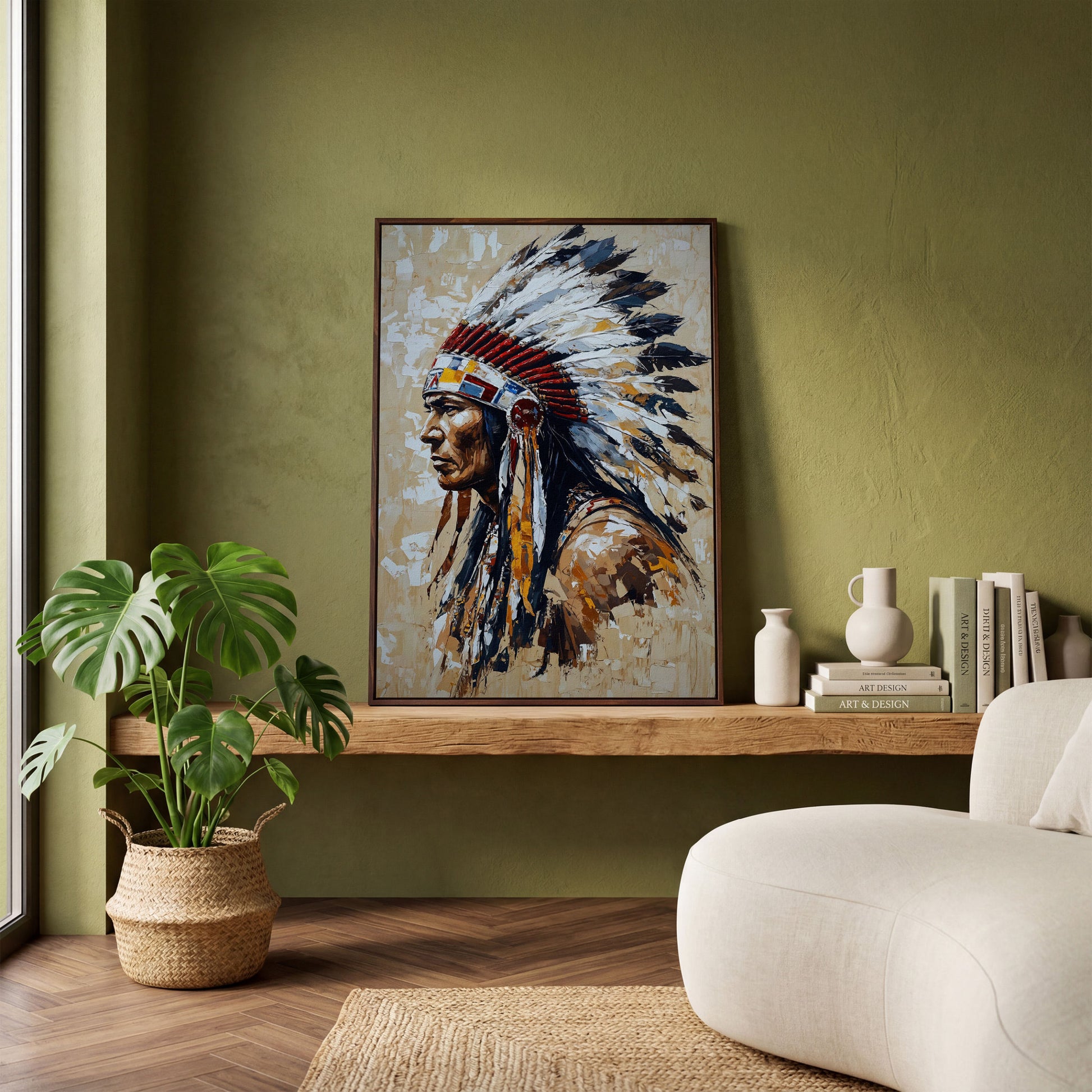 Native American Chief with Feather Headdress Canvas in dark walnut floating frame