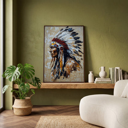 Native American Chief with Feather Headdress Canvas in dark walnut floating frame