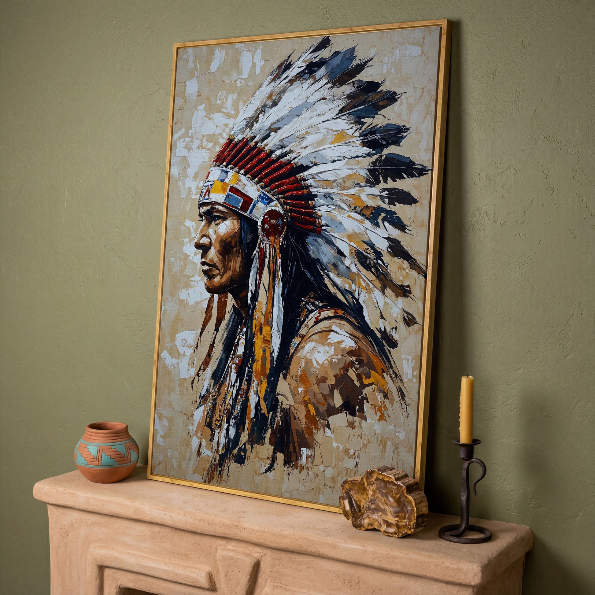 Native American Chief with Feather Headdress Canvas in white oak floating frame