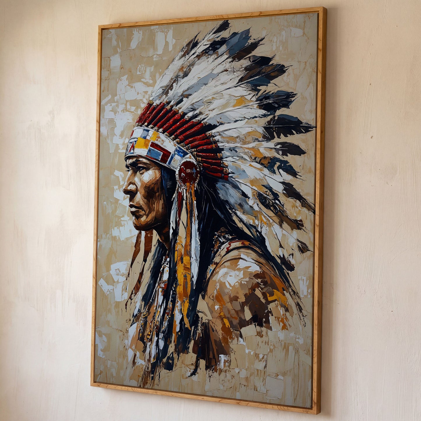 Native American Chief with Feather Headdress Canvas shown in white oak floating frame