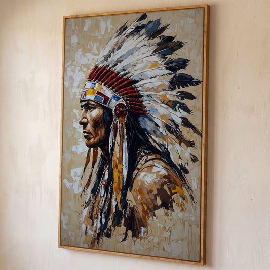 Native American Chief with Feather Headdress Canvas shown in white oak floating frame