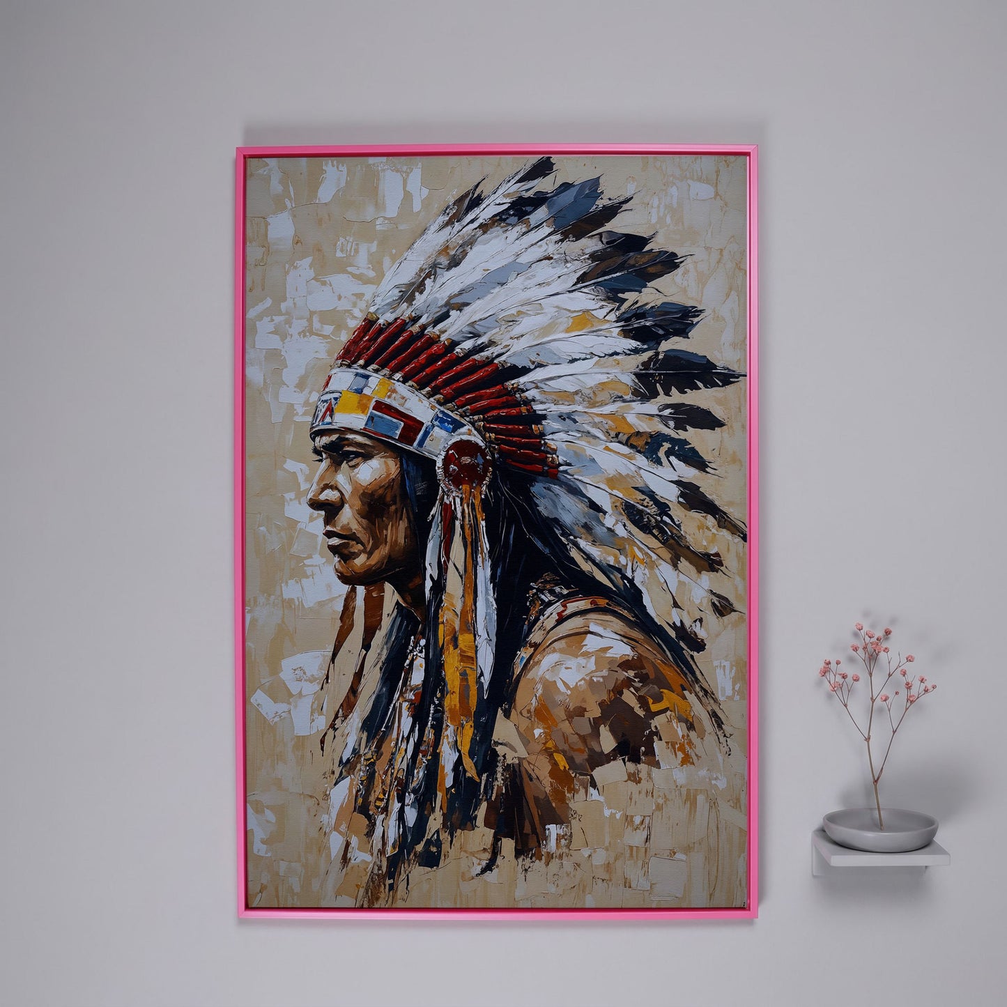 Native American Chief with Feather Headdress Canvas in pink floating frame
