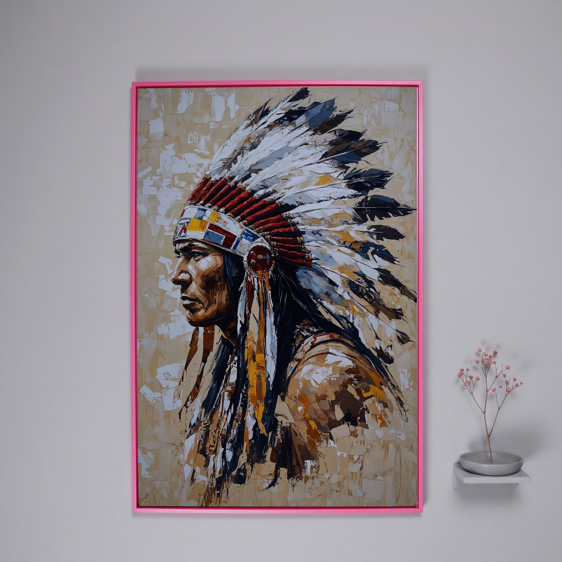 Native American Chief with Feather Headdress Canvas in pink floating frame