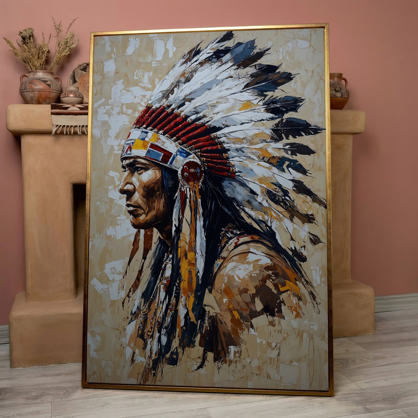Native American Chief with Feather Headdress Canvas in rose gold floating frame