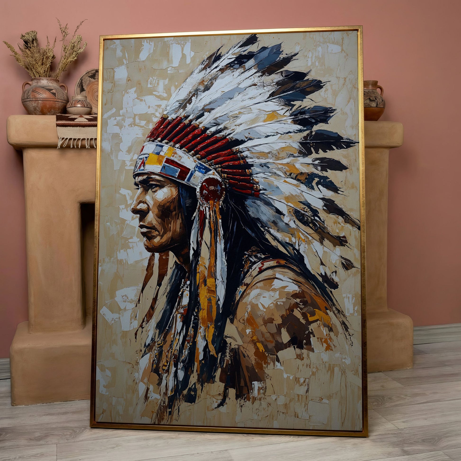 Native American Chief with Feather Headdress Canvas in rose gold floating frame