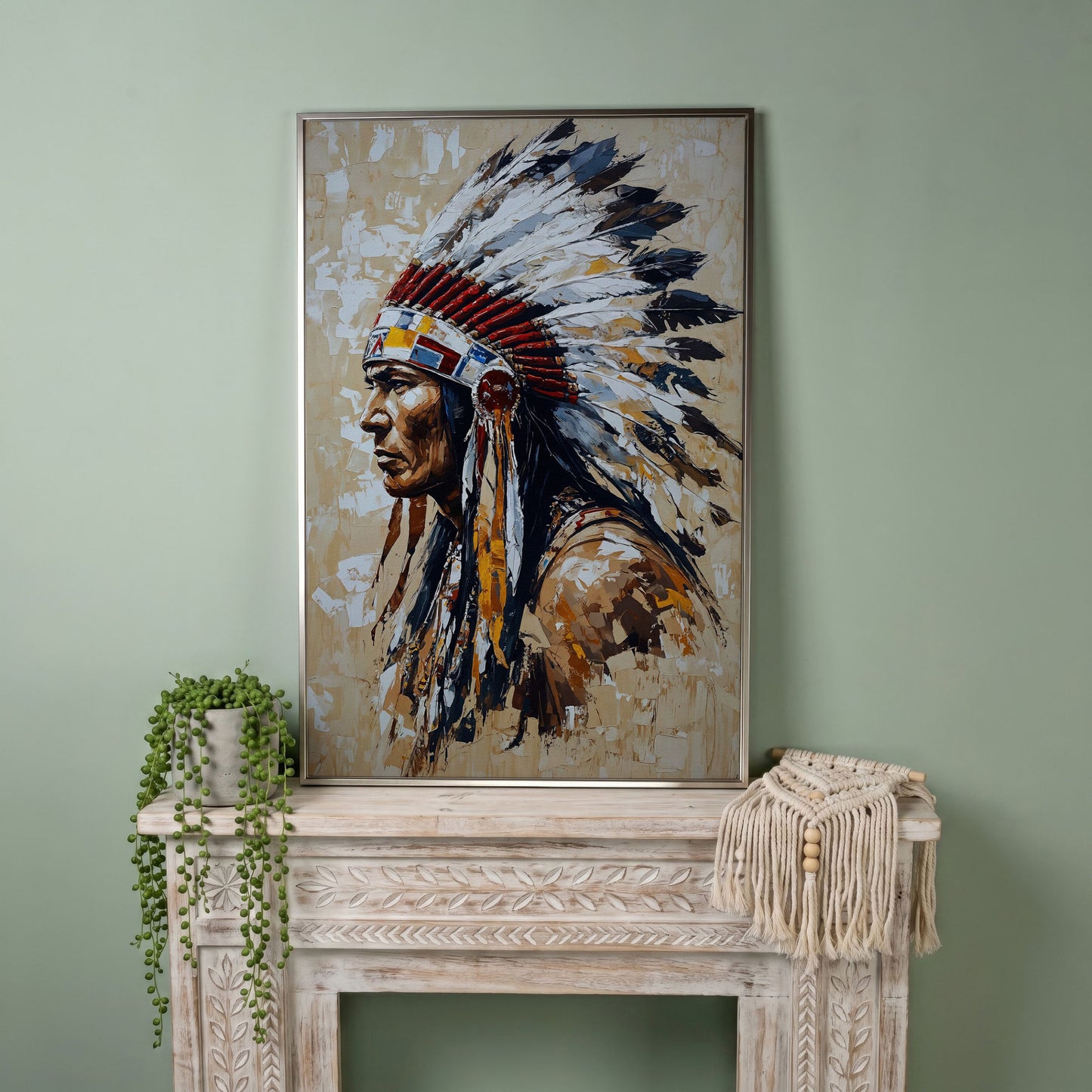 Native American Chief with Feather Headdress Canvas in silver floating frame