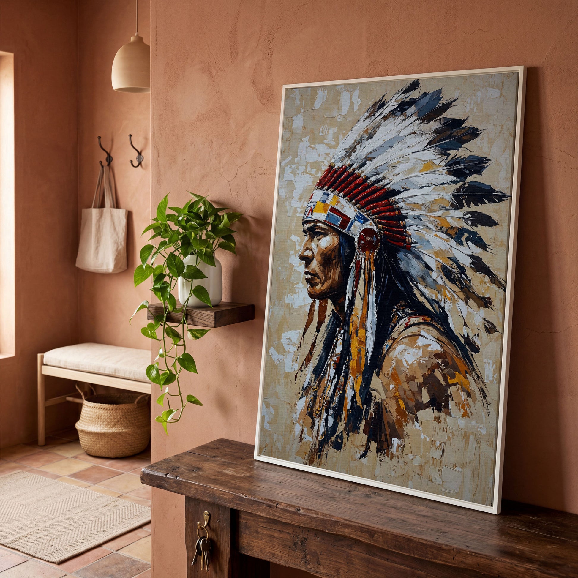 Native American Chief with Feather Headdress Canvas in white floating frame