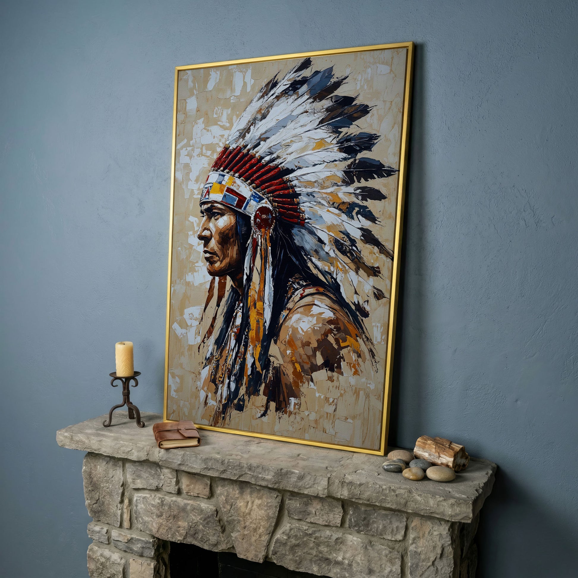 Native American Chief with Feather Headdress Canvas in yellow gold floating frame