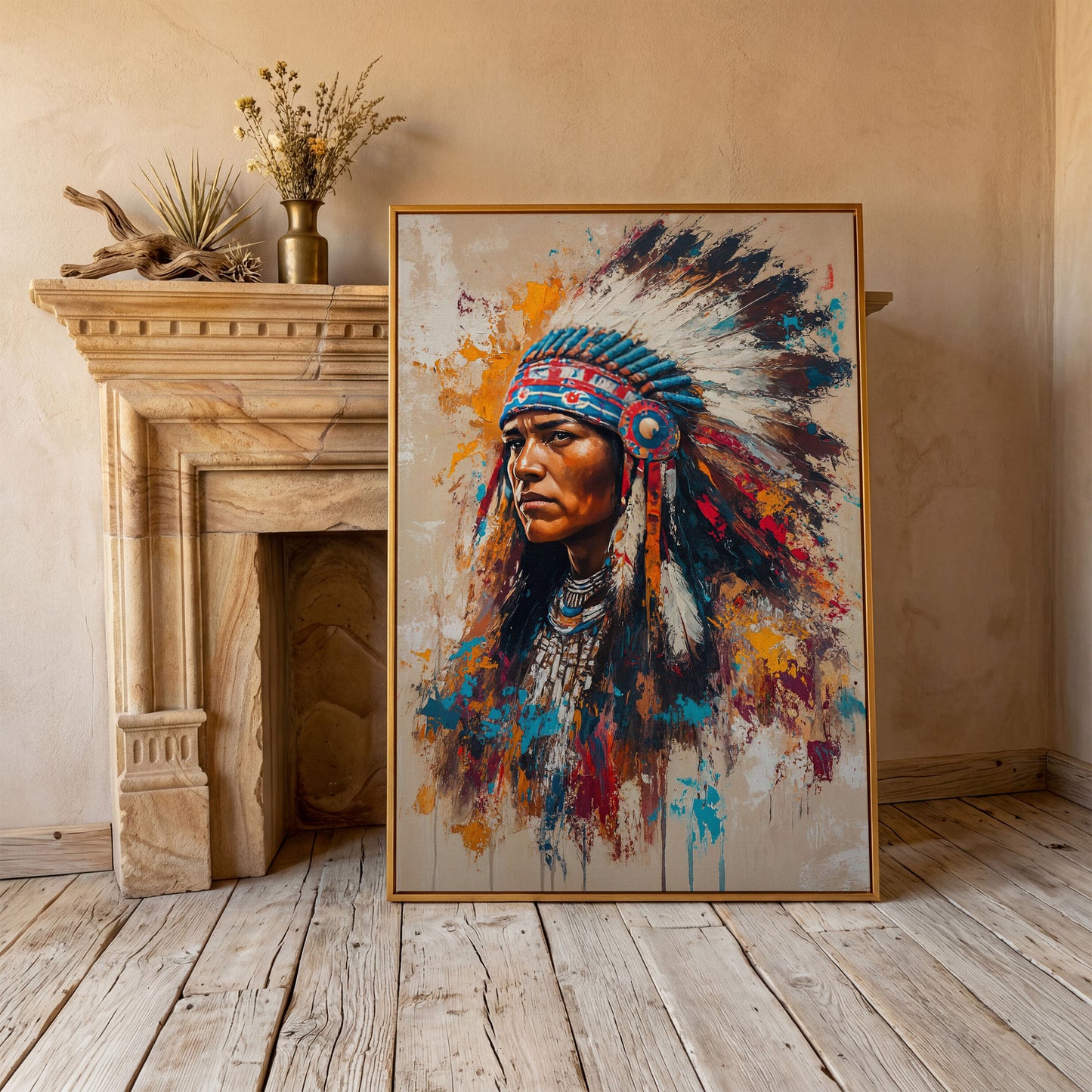 Colorful Native American Woman Portrait Canvas in antique gold floating frame