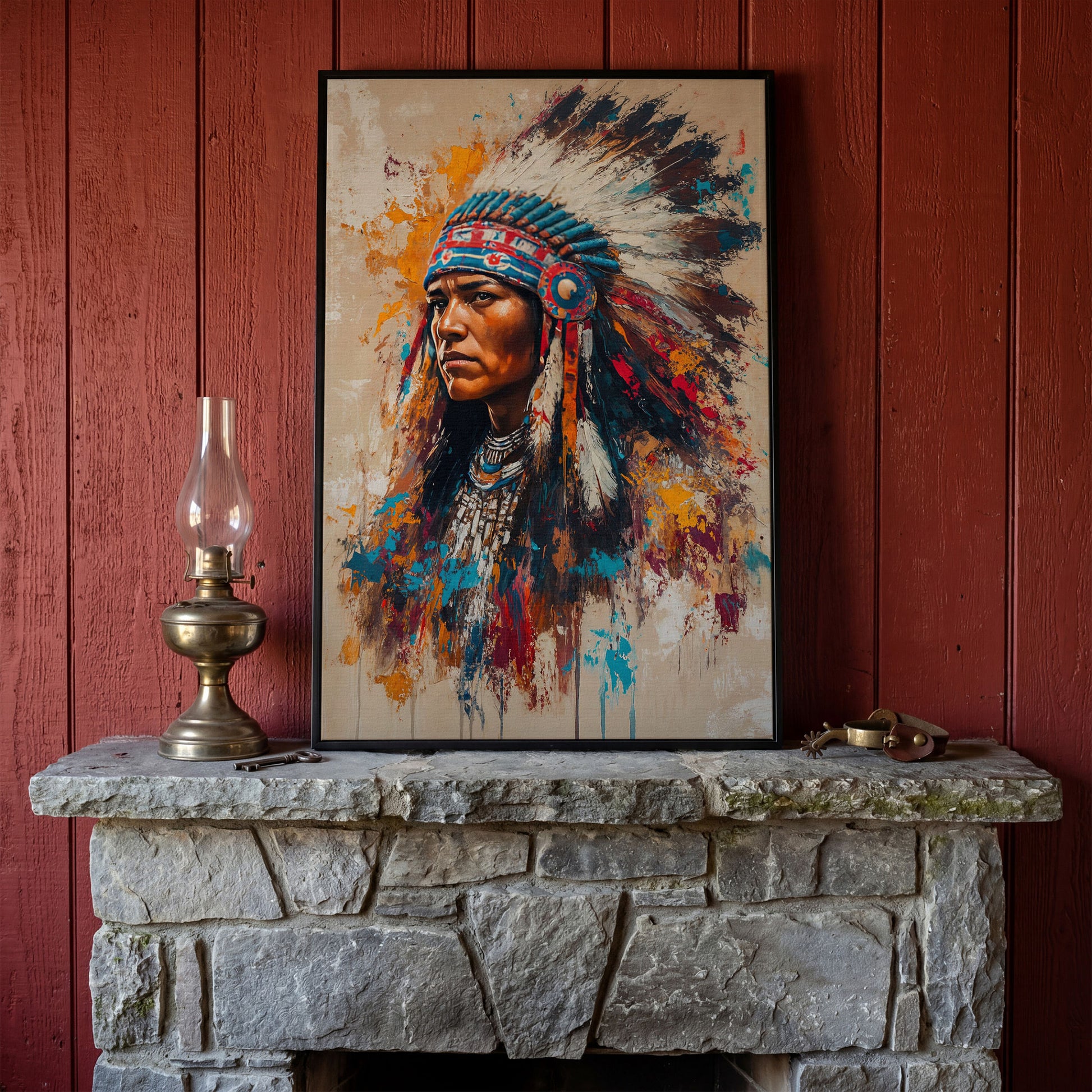 Colorful Native American Woman Portrait Canvas in black floating frame