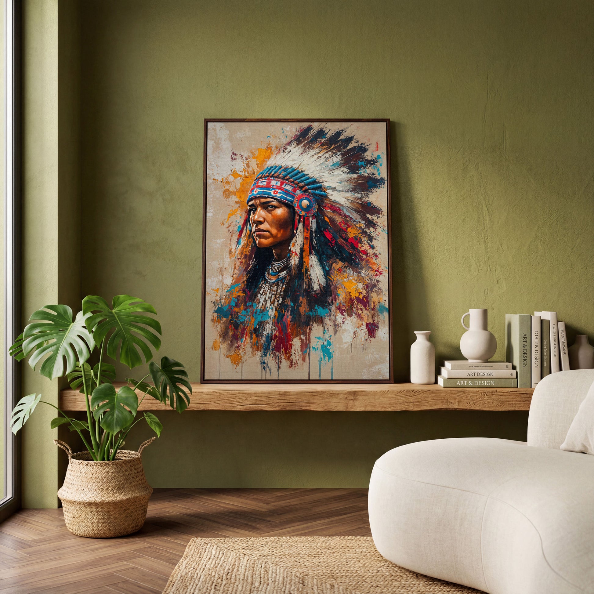 Colorful Native American Woman Portrait Canvas in dark walnut floating frame