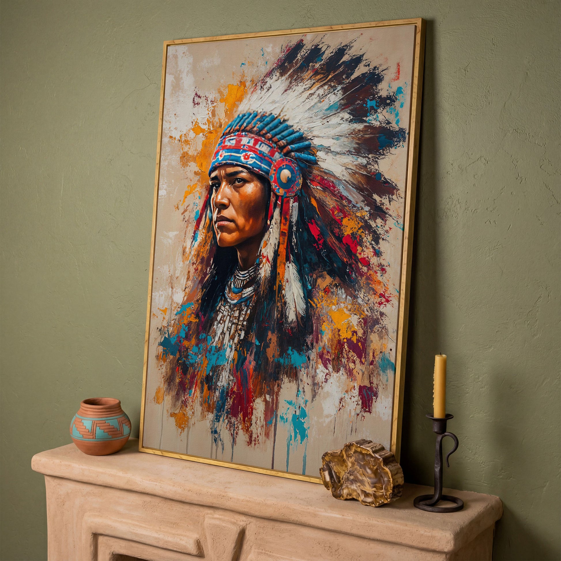 Colorful Native American Woman Portrait Canvas in white oak floating frame