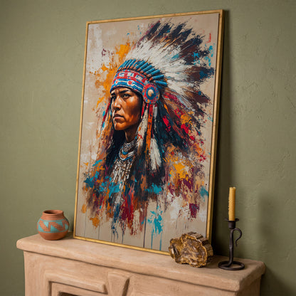 Colorful Native American Woman Portrait Canvas in white oak floating frame