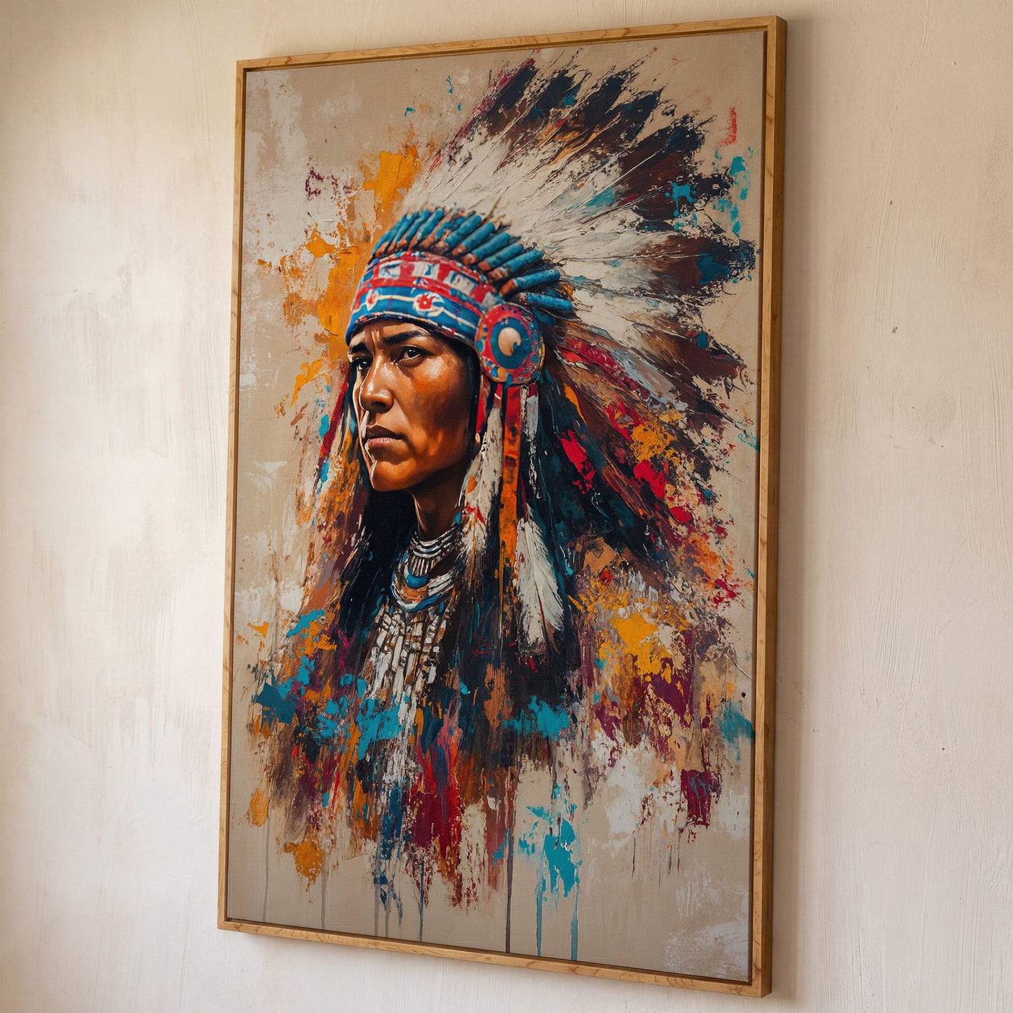 Colorful Native American Woman Portrait Canvas shown in white oak floating frame