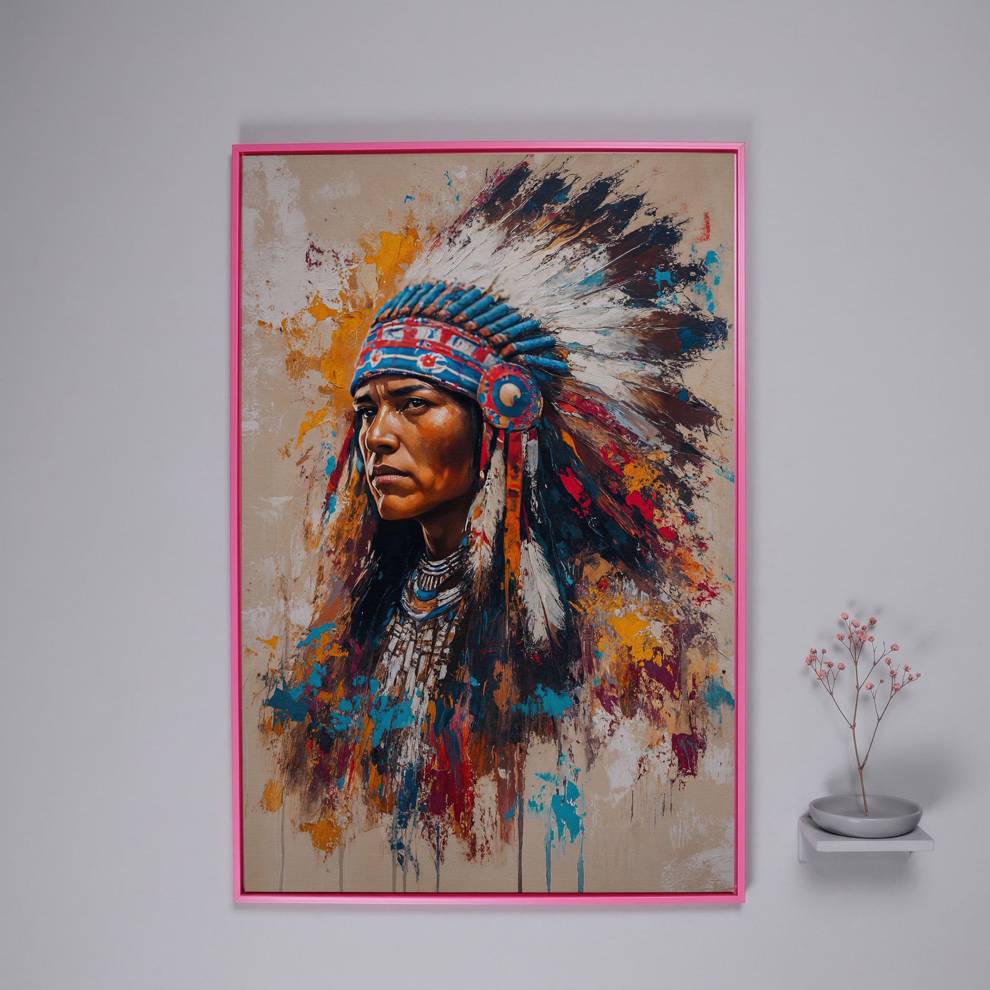 Colorful Native American Woman Portrait Canvas in pink floating frame